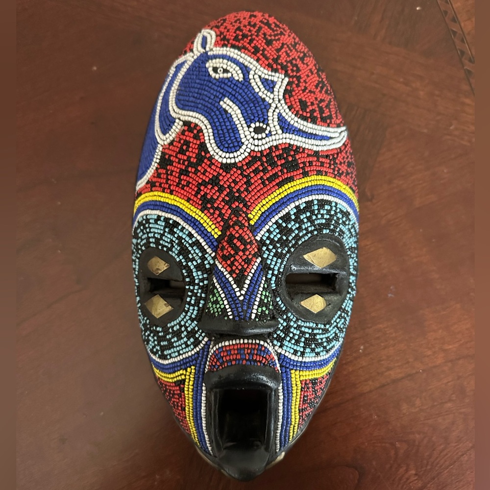 Vintage African Beaded Wooden Mask Ghana Hand Carved Tribal Art Wall Decor